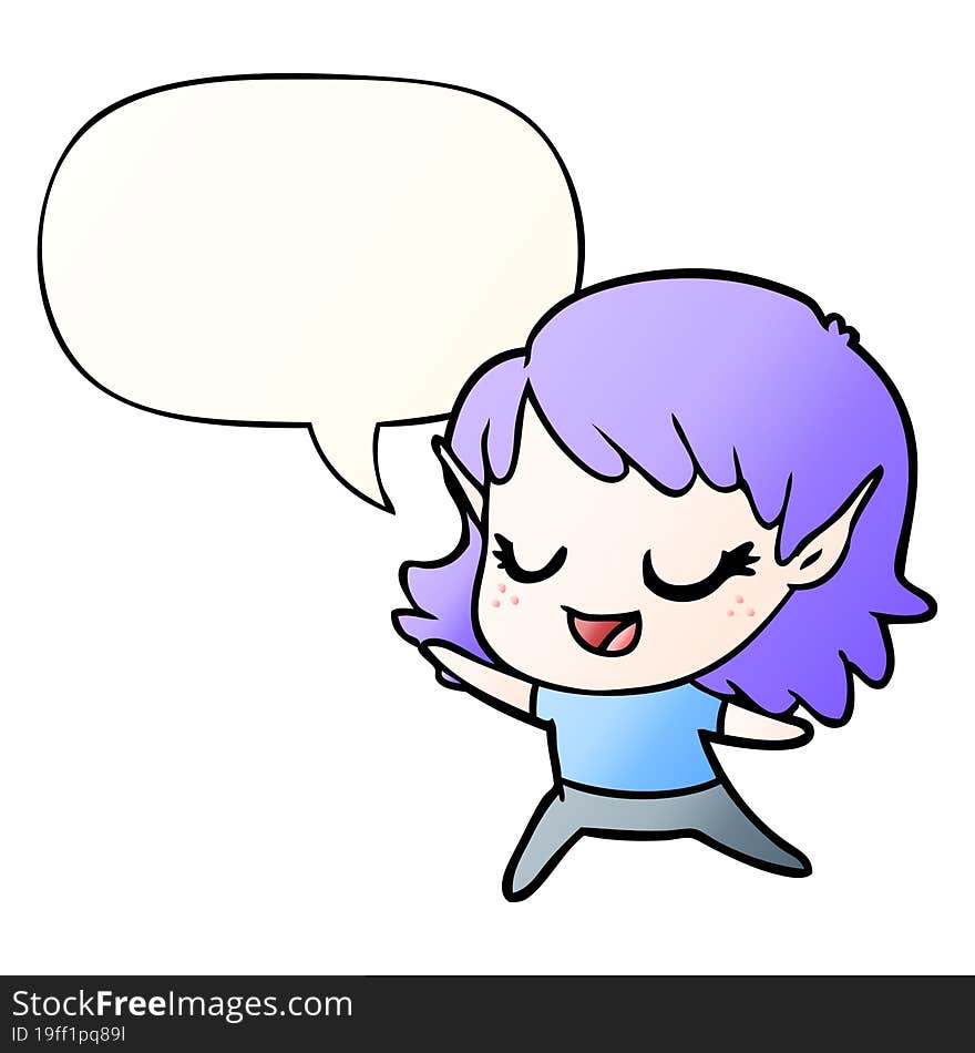 carton happy elf girl dancing and speech bubble in smooth gradient style