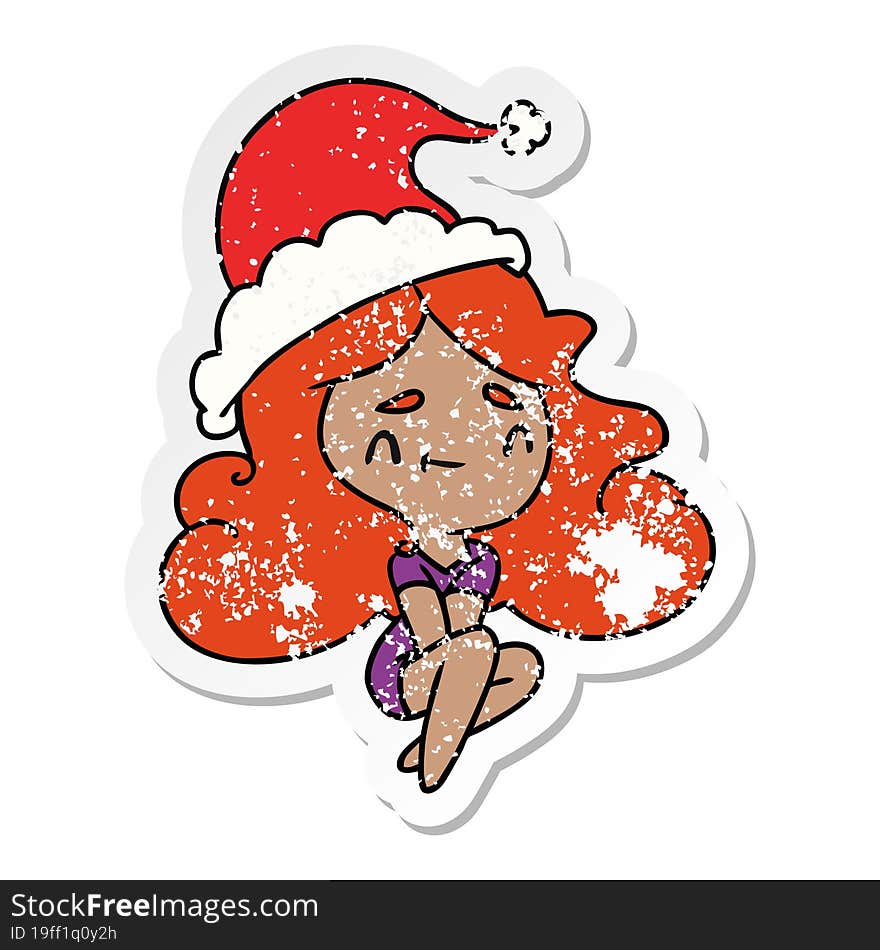 hand drawn christmas distressed sticker cartoon of kawaii girl