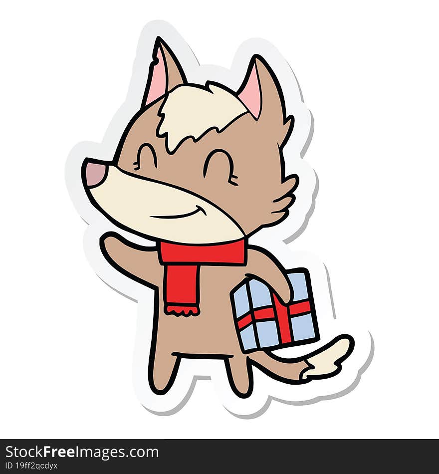 sticker of a friendly cartoon wolf with present