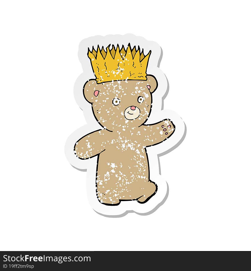 retro distressed sticker of a cartoon teddy bear wearing paper crown