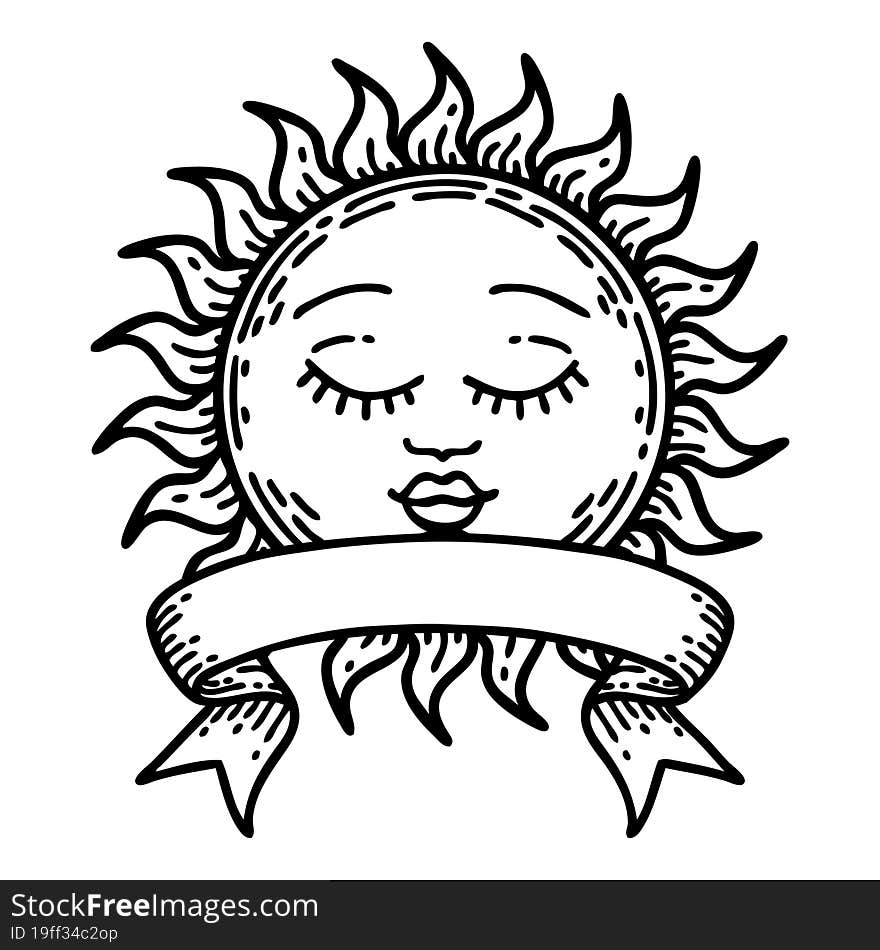 black linework tattoo with banner of a sun