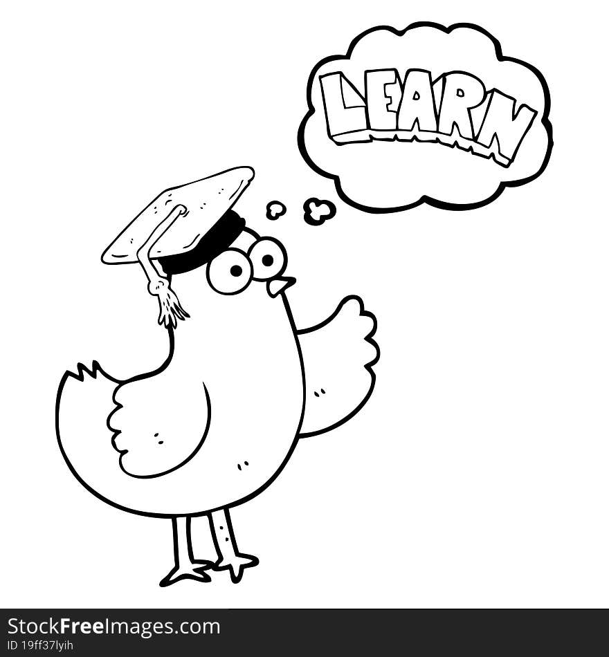 freehand drawn thought bubble cartoon bird with learn text