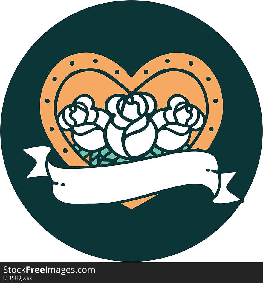 iconic tattoo style image of a heart and banner with flowers. iconic tattoo style image of a heart and banner with flowers