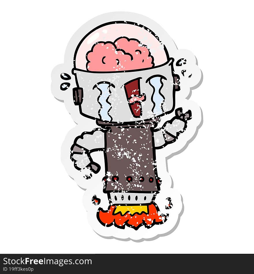 distressed sticker of a cartoon crying robot flying