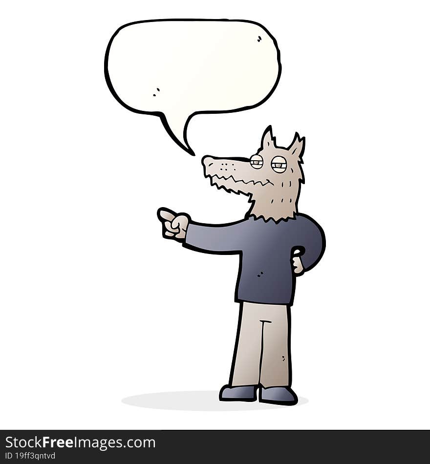 cartoon pointing wolf man with speech bubble