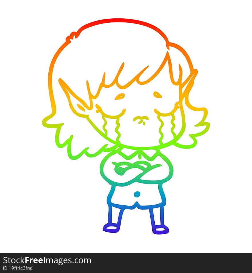 rainbow gradient line drawing cartoon crying elf girl