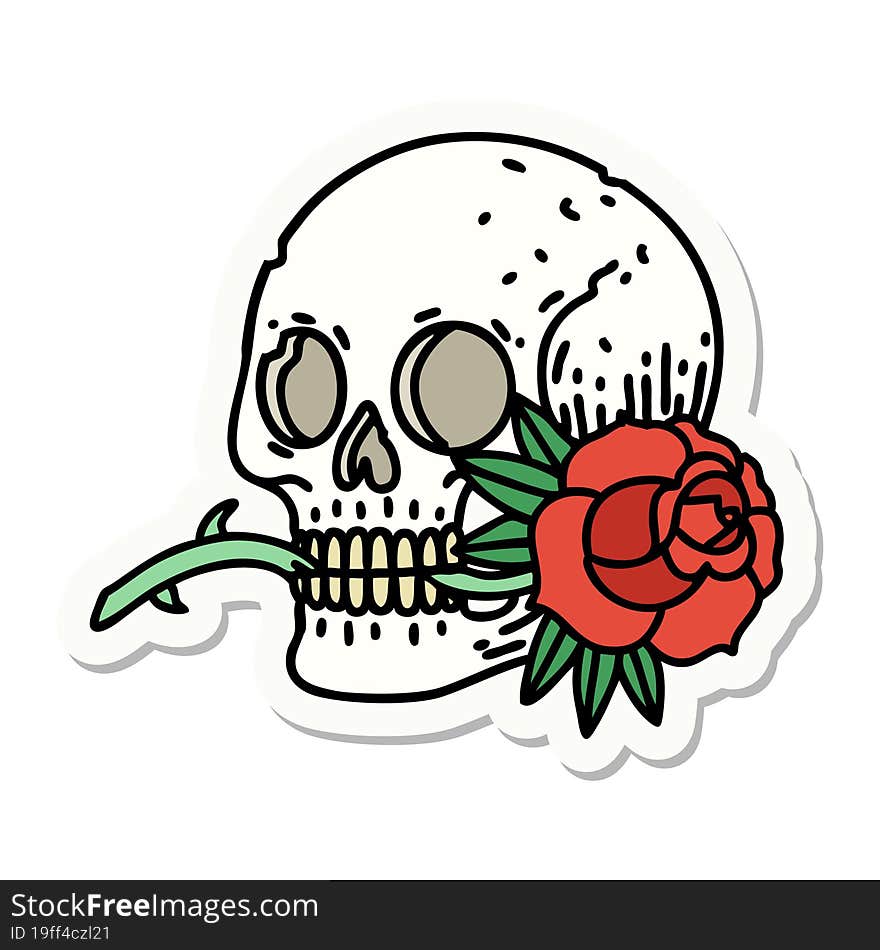 sticker of tattoo in traditional style of a skull and rose. sticker of tattoo in traditional style of a skull and rose