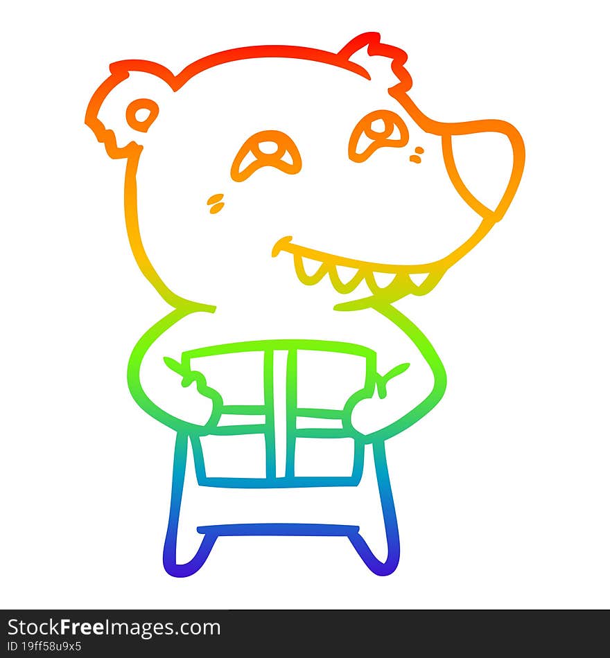 Rainbow Gradient Line Drawing Cartoon Bear With Present