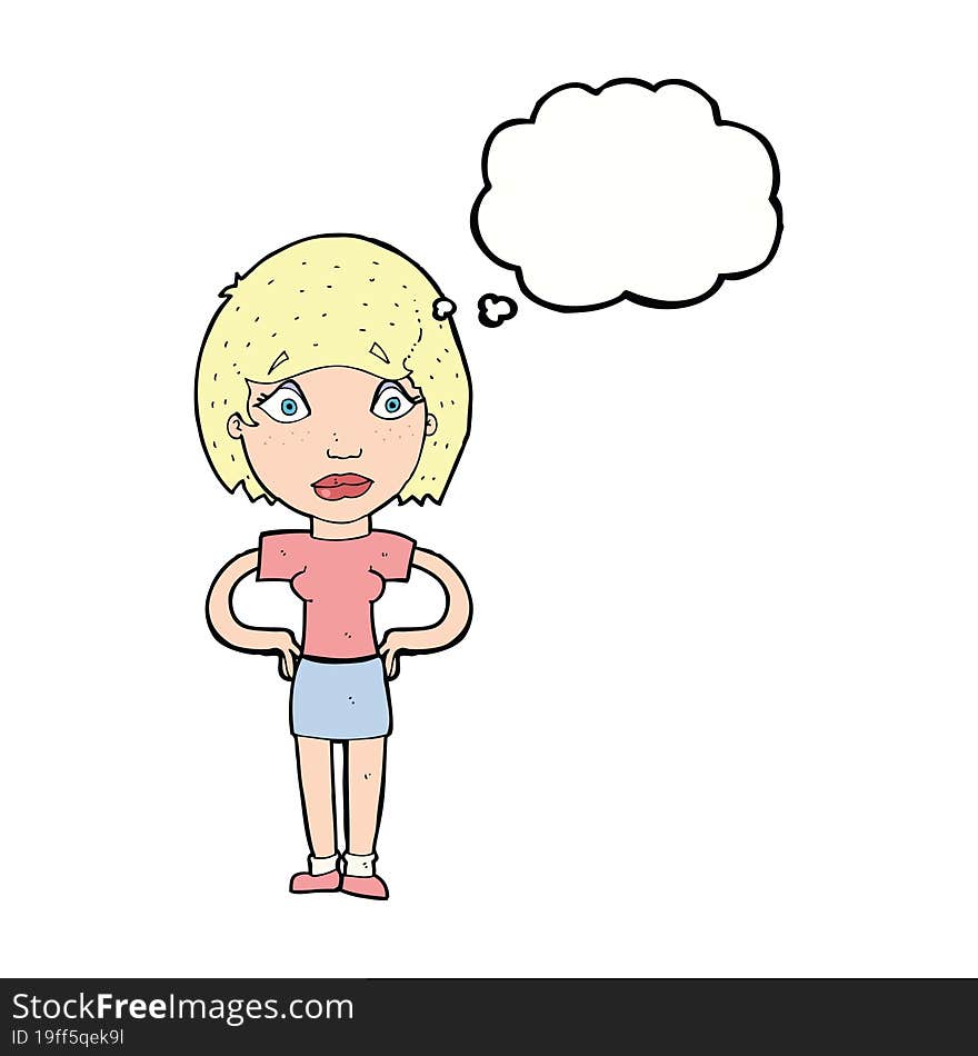 cartoon worried woman with thought bubble