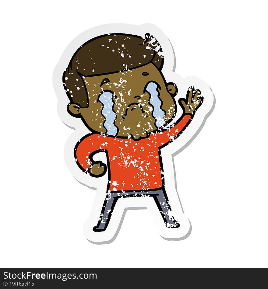 distressed sticker of a cartoon man crying