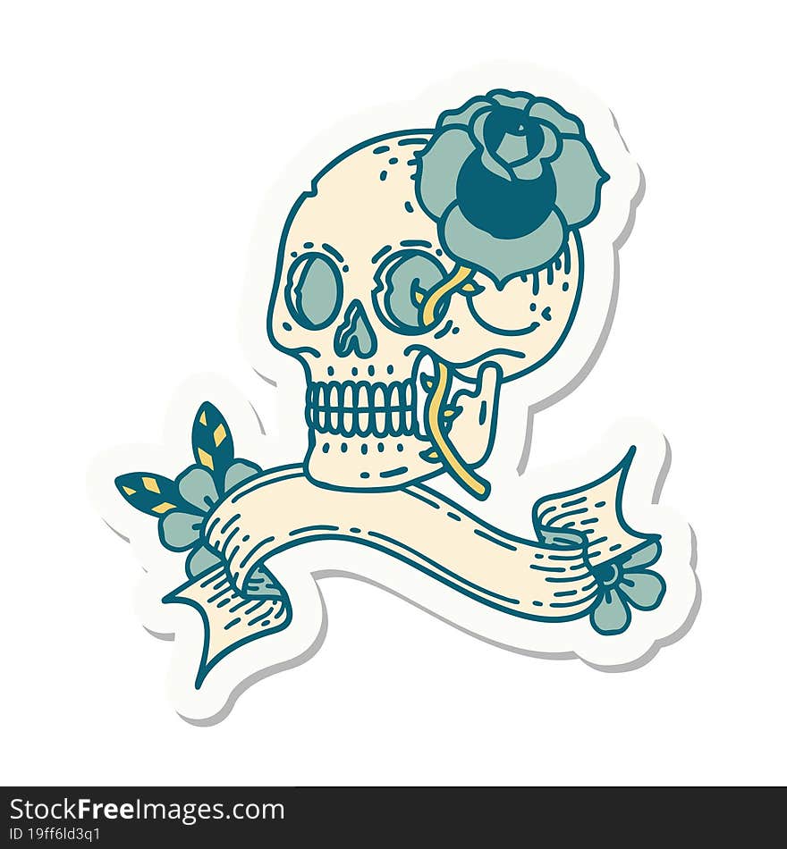 tattoo style sticker with banner of a skull and rose