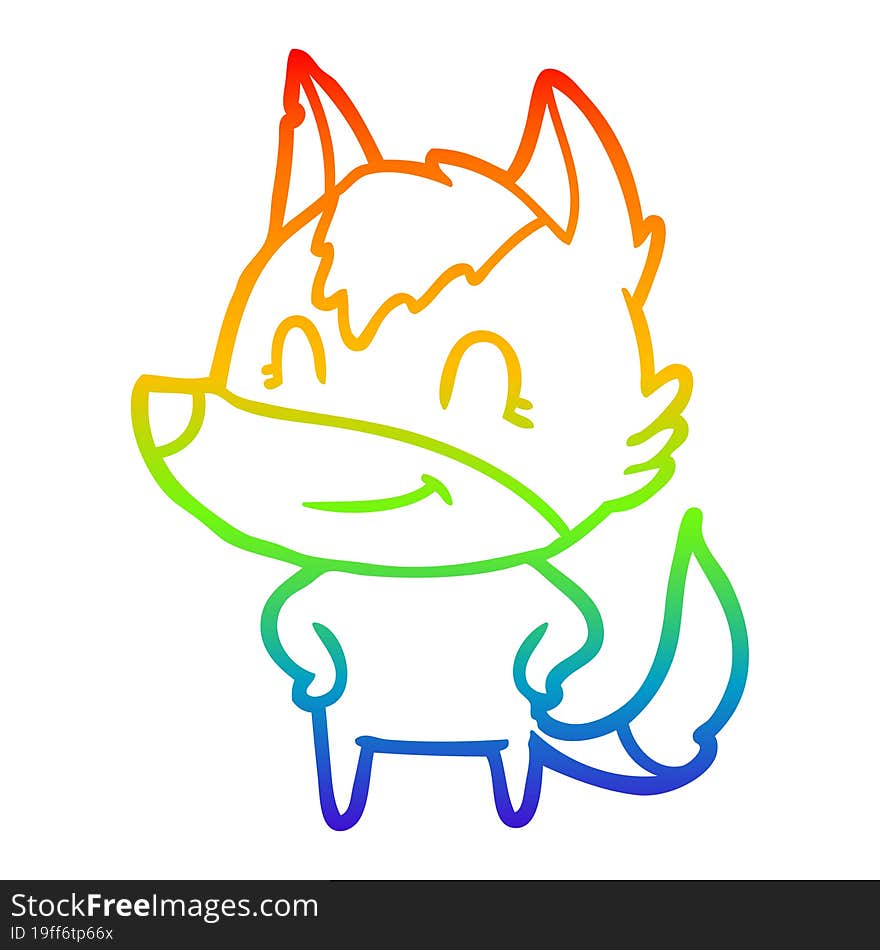 Rainbow Gradient Line Drawing Friendly Cartoon Wolf