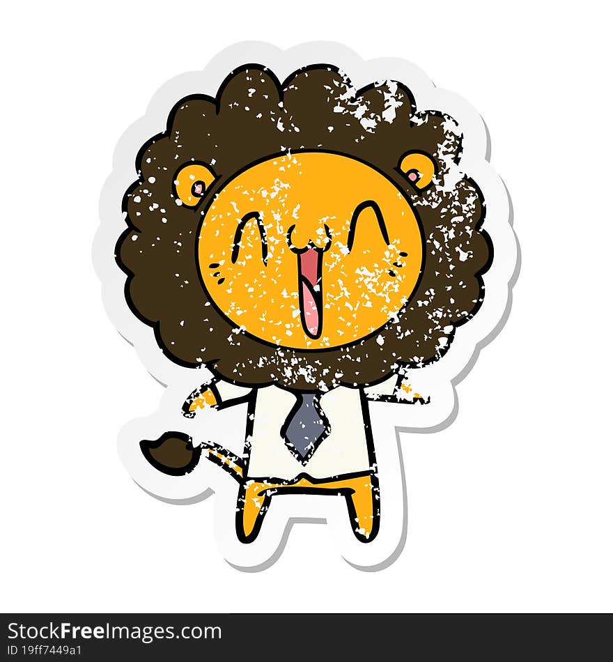 distressed sticker of a happy cartoon lion