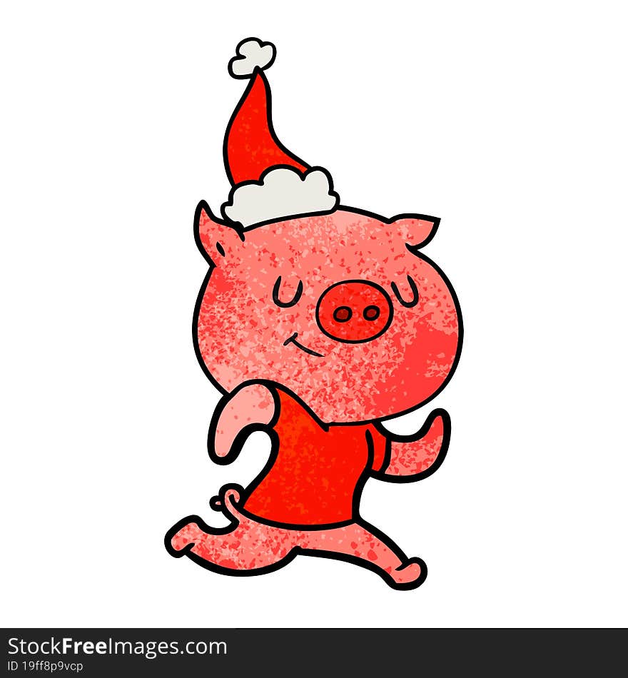 happy hand drawn textured cartoon of a pig running wearing santa hat. happy hand drawn textured cartoon of a pig running wearing santa hat