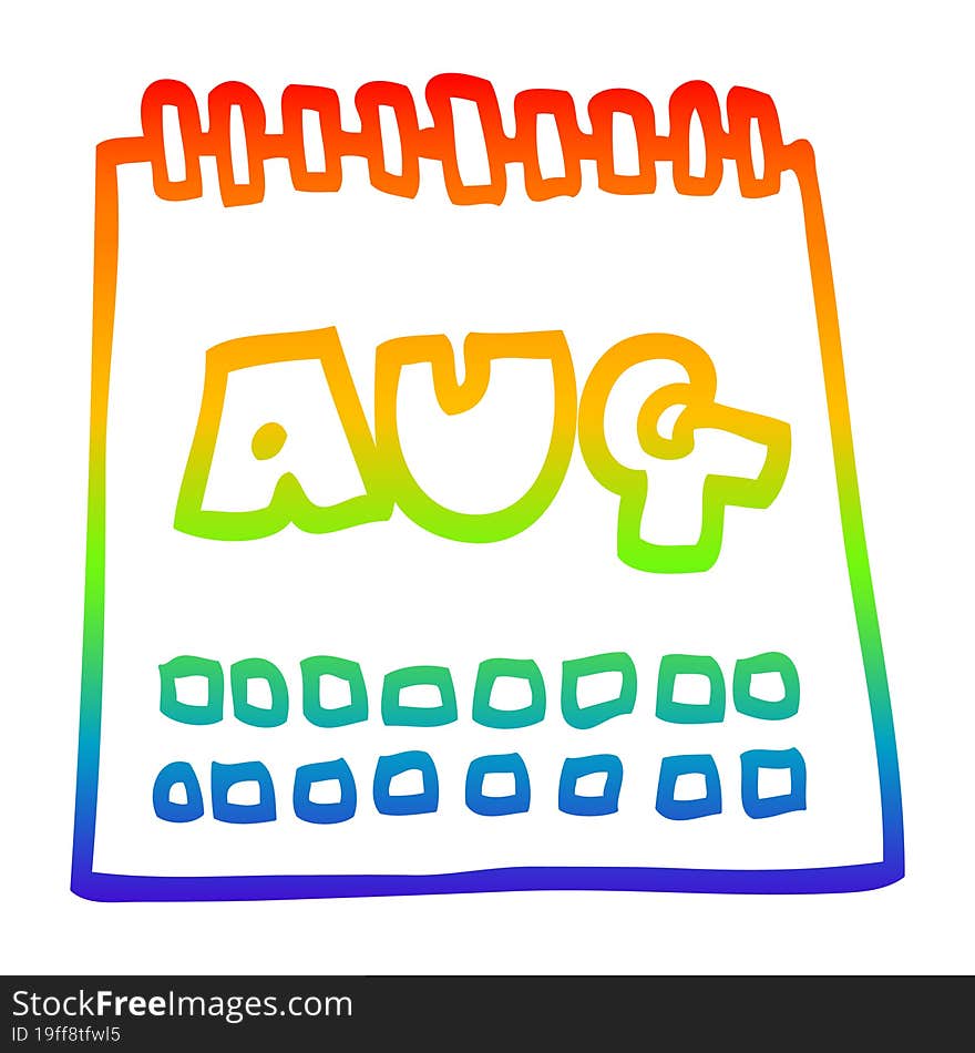 rainbow gradient line drawing cartoon calendar showing month of august