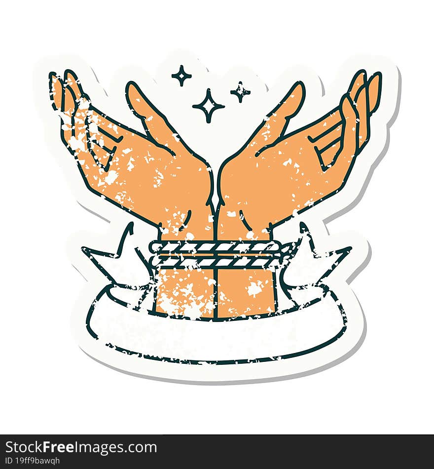 grunge sticker with banner of a pair of tied hands