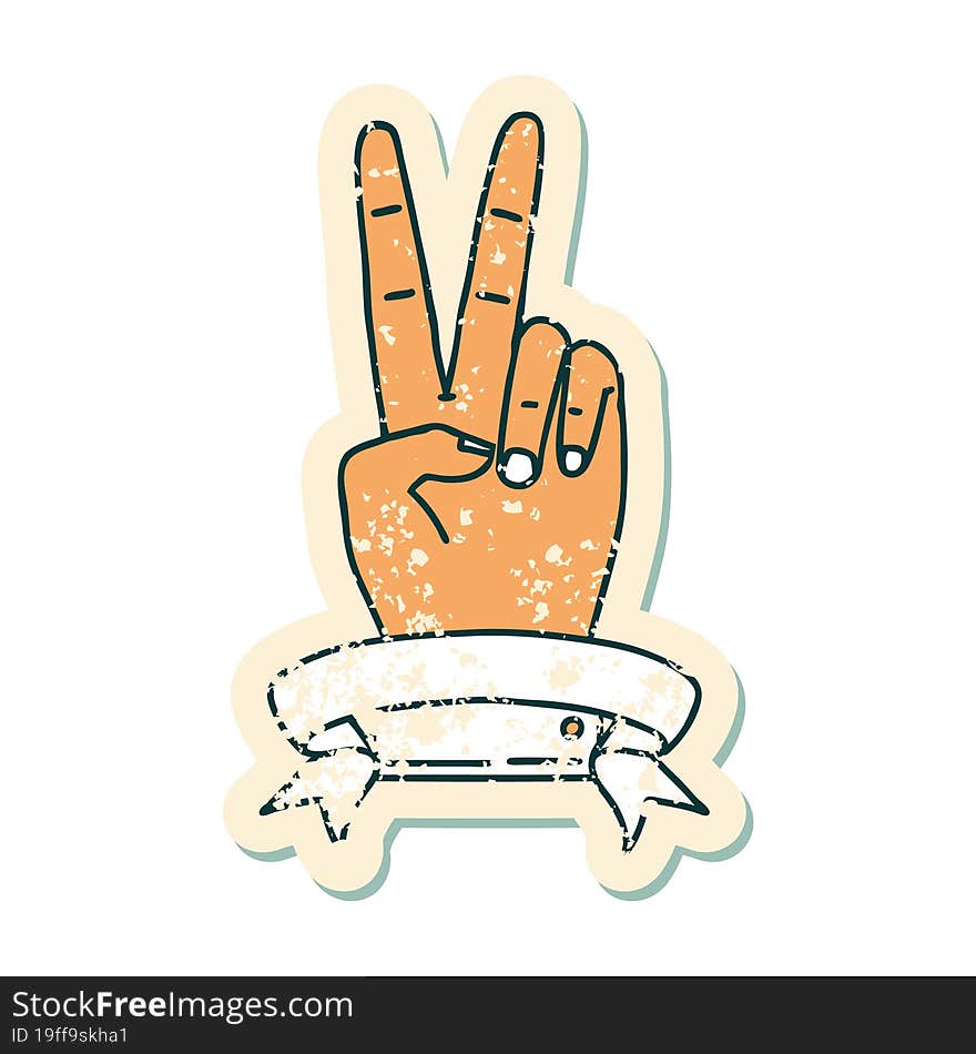 Peace Two Finger Hand Gesture With Banner Grunge Sticker