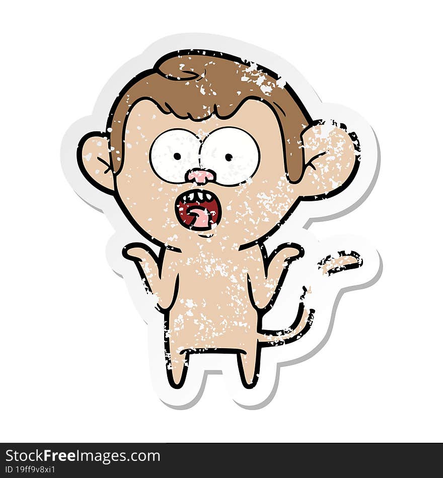 Distressed Sticker Of A Cartoon Shocked Monkey