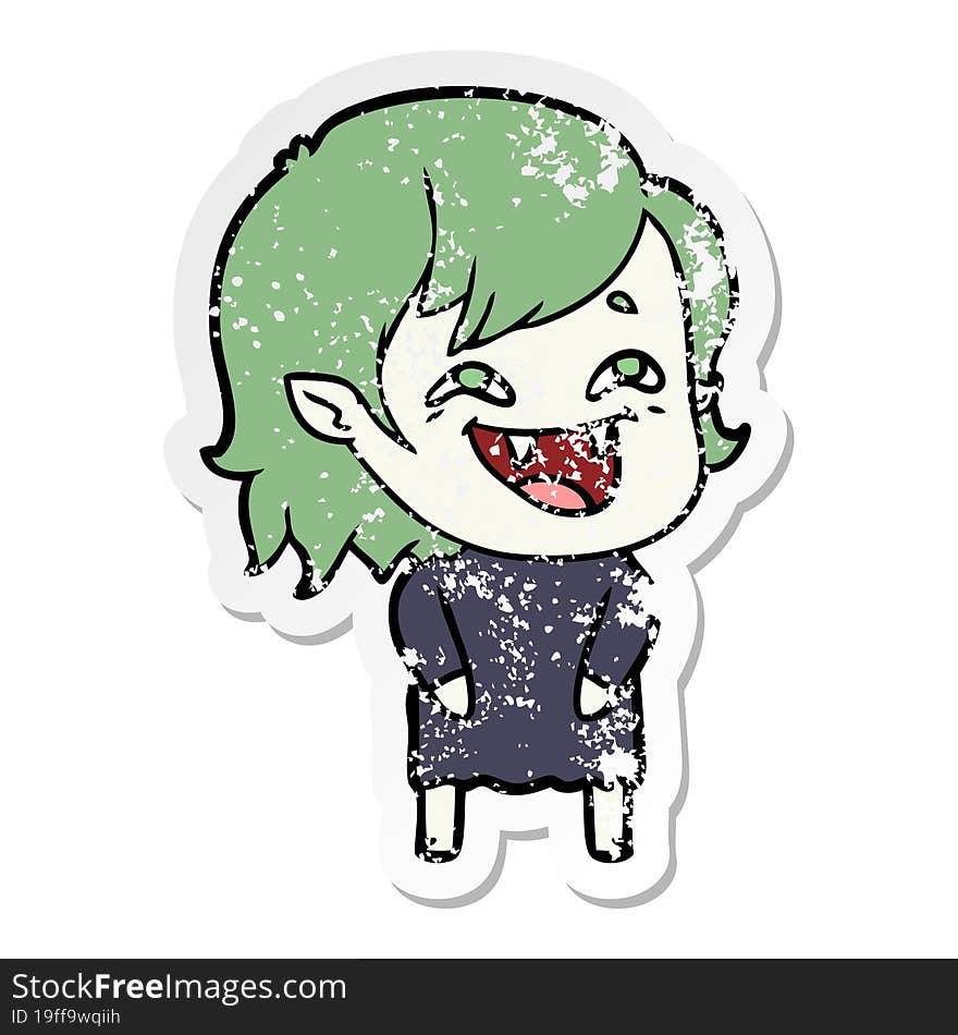 Distressed Sticker Of A Cartoon Laughing Vampire Girl