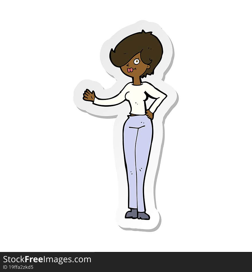 sticker of a cartoon woman waving