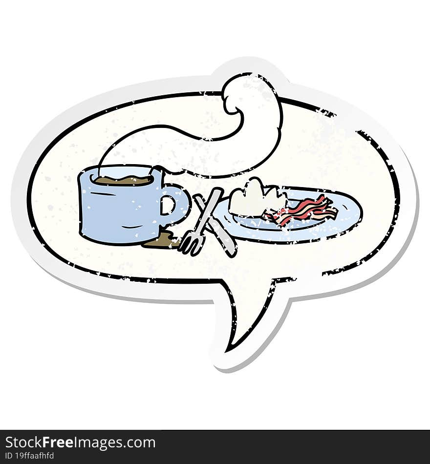 cartoon breakfast of coffee and bacon and speech bubble distressed sticker