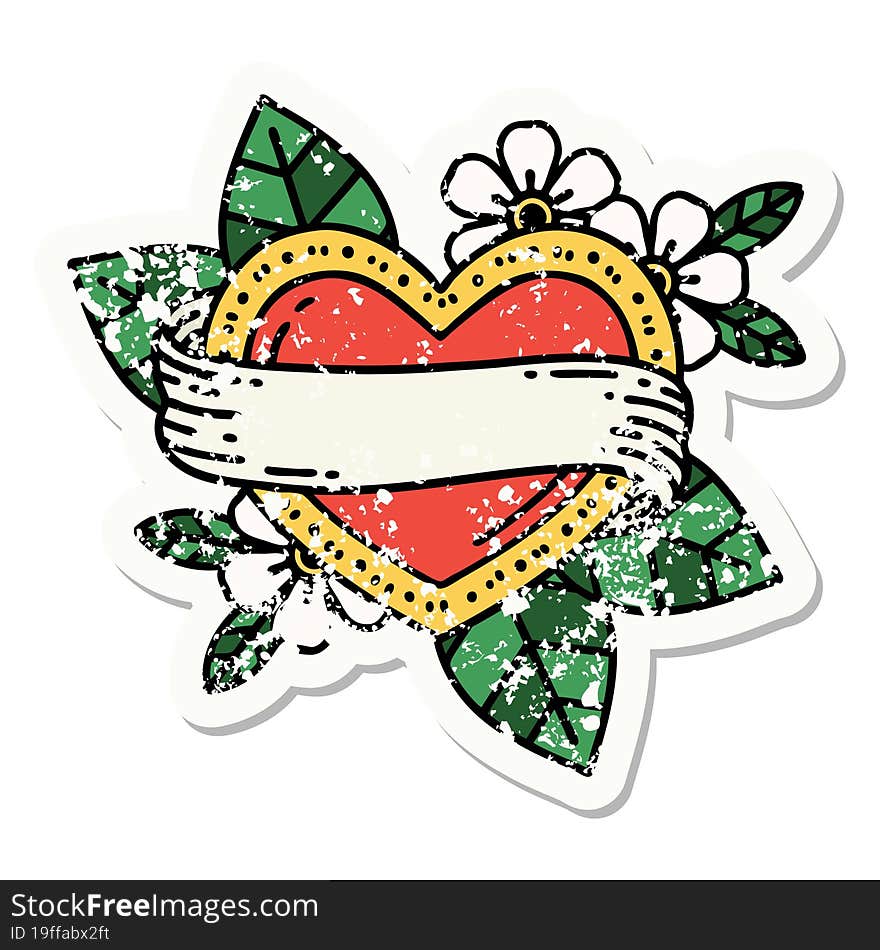 distressed sticker tattoo in traditional style of a heart and banner. distressed sticker tattoo in traditional style of a heart and banner