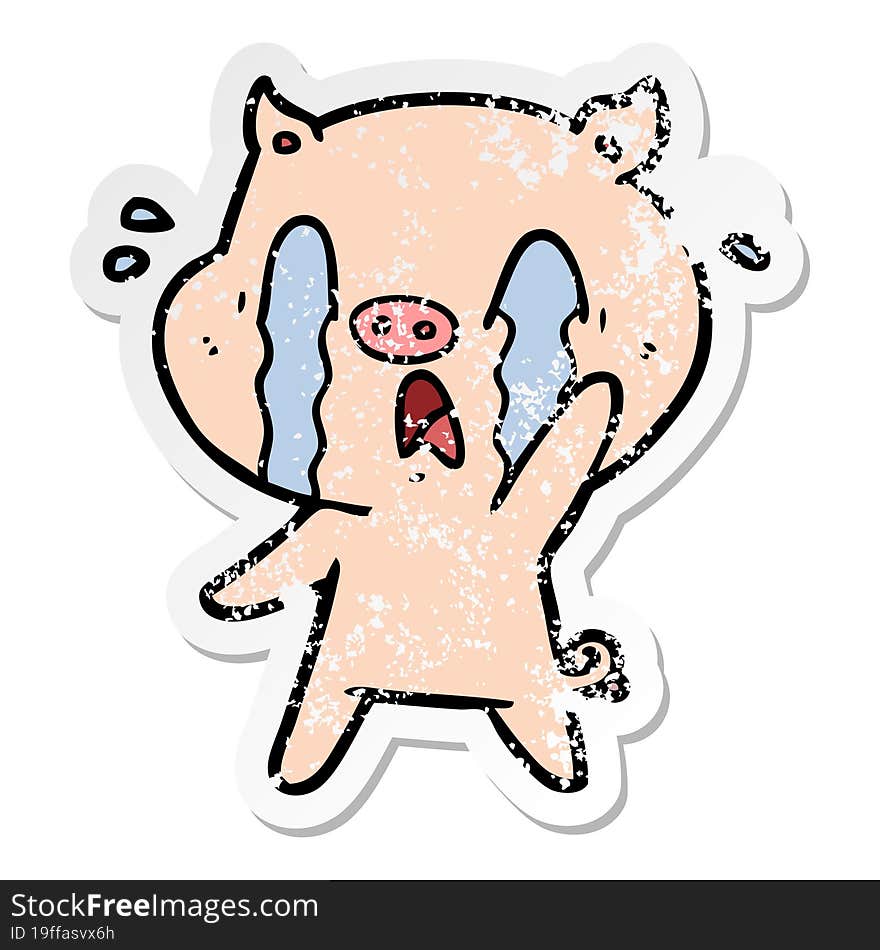 distressed sticker of a crying pig cartoon