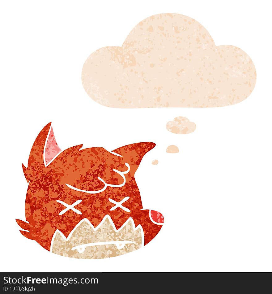 cartoon dead fox face and thought bubble in retro textured style