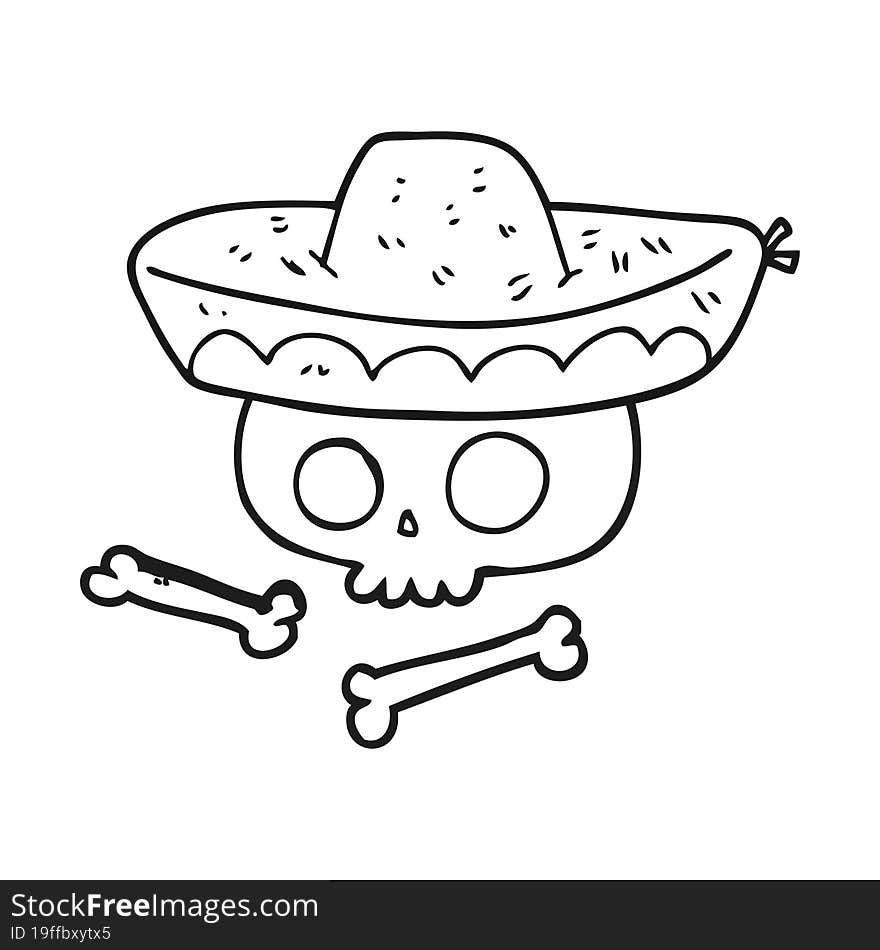 black and white cartoon skull in mexican hat