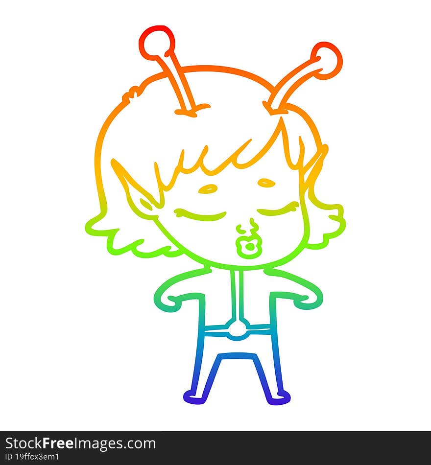 rainbow gradient line drawing of a cartoon alien girl