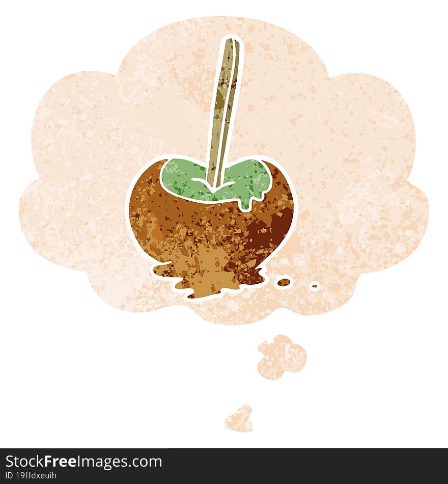 cartoon toffee apple and thought bubble in retro textured style