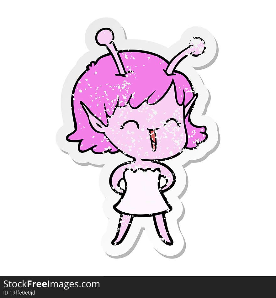 distressed sticker of a cartoon alien girl laughing