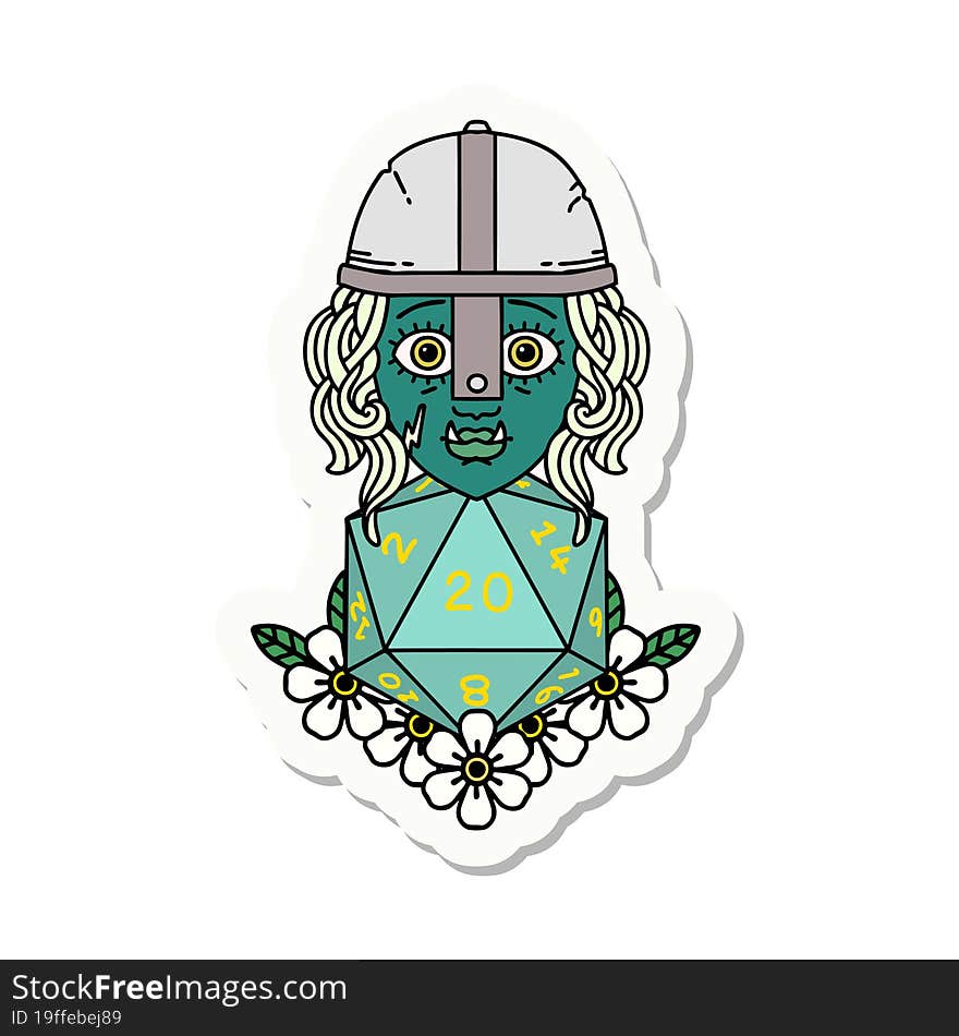 half orc fighter character with natural twenty dice roll sticker