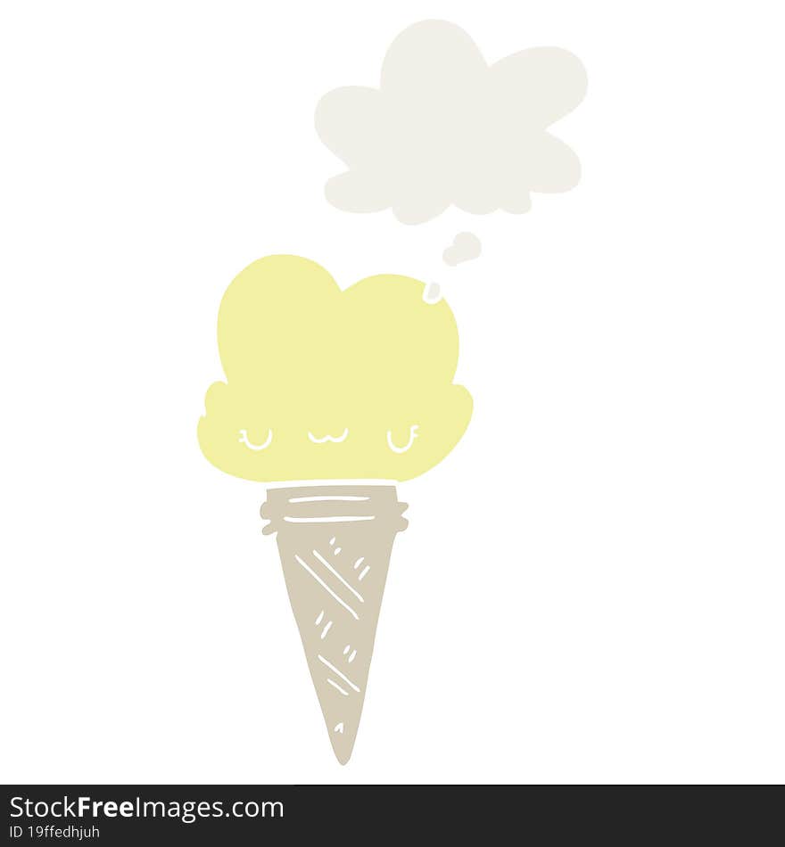 cartoon ice cream with face with thought bubble in retro style