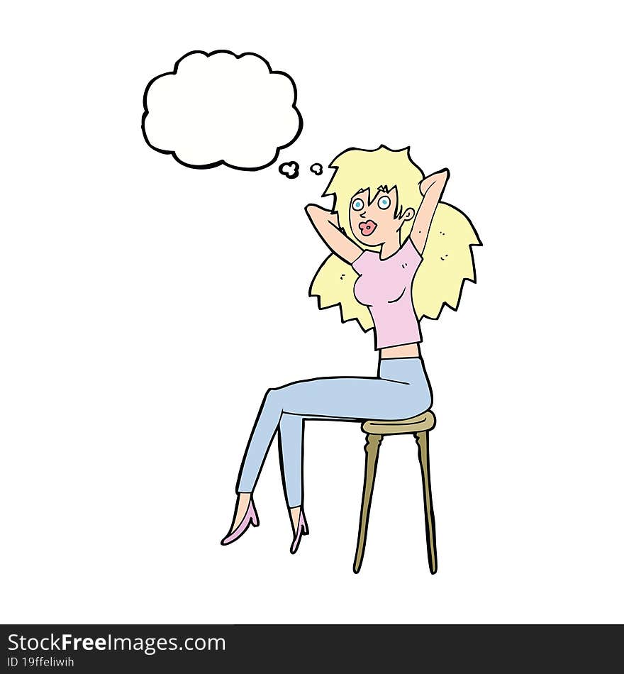 Cartoon Woman Posing On Stool With Thought Bubble