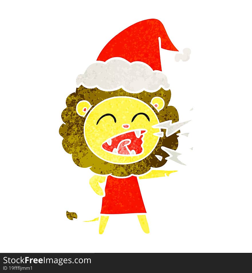 retro cartoon of a roaring lion girl wearing santa hat