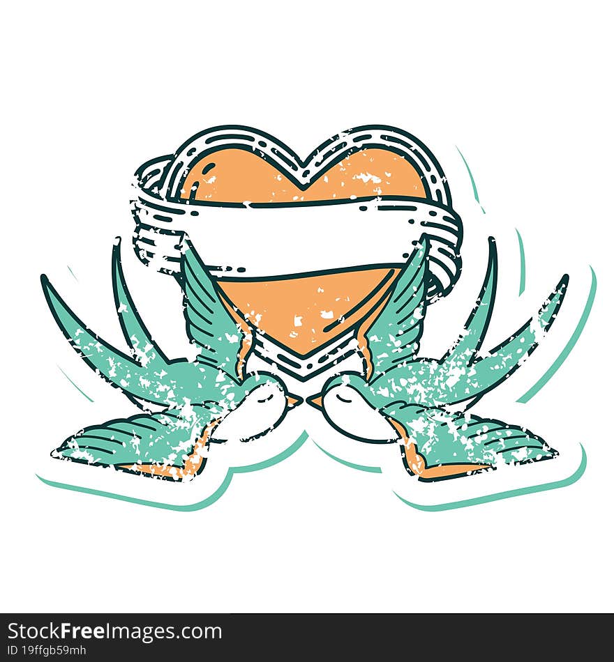 iconic distressed sticker tattoo style image of swallows and a heart with banner. iconic distressed sticker tattoo style image of swallows and a heart with banner