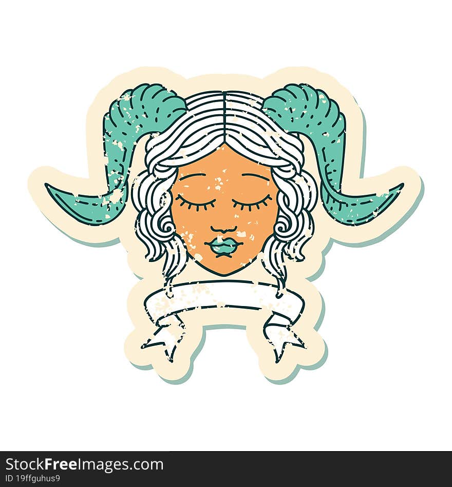 Retro Tattoo Style tiefling character face with scroll banner. Retro Tattoo Style tiefling character face with scroll banner