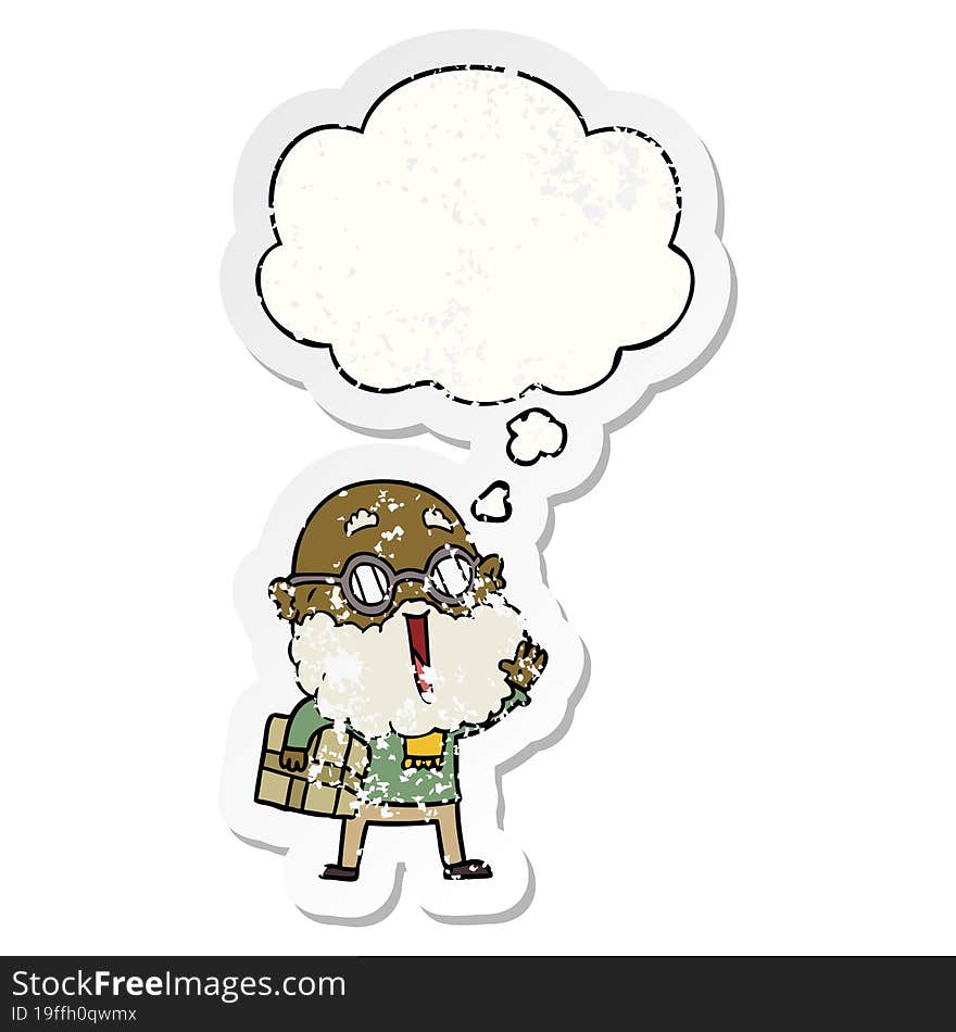 cartoon joyful man with beard and parcel under arm with thought bubble as a distressed worn sticker