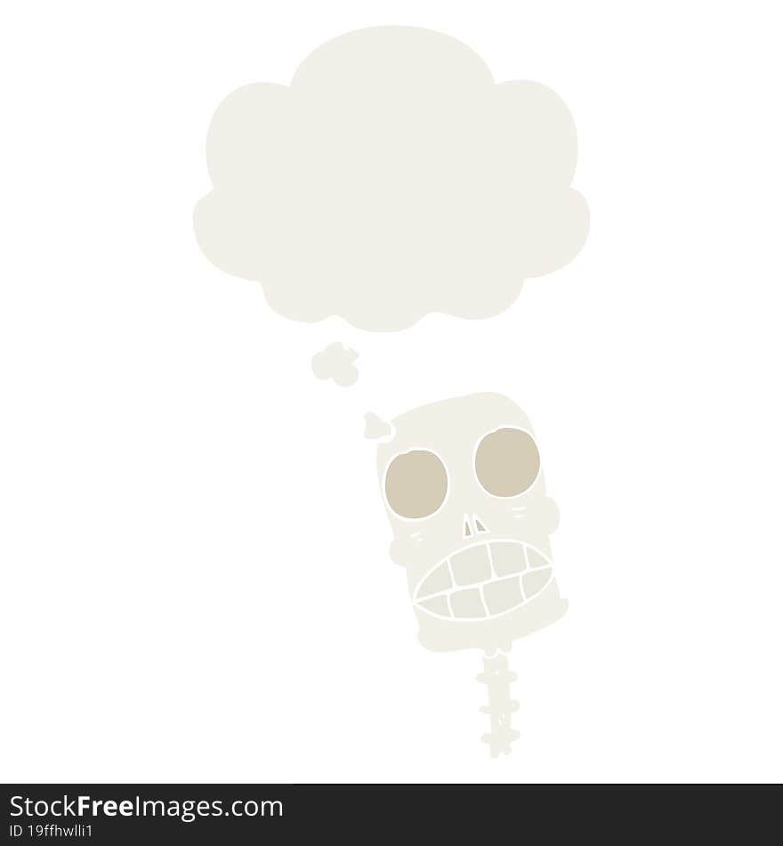 cartoon spooky skull and thought bubble in retro style