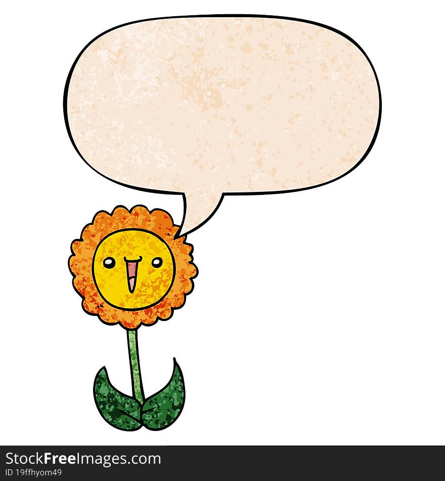 cartoon flower and speech bubble in retro texture style