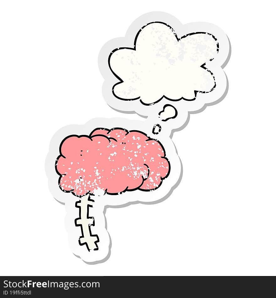 cartoon brain and thought bubble as a distressed worn sticker