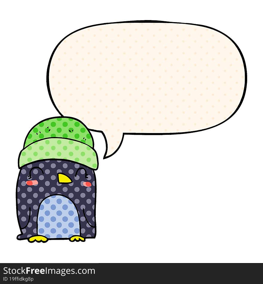 cute cartoon penguin and speech bubble in comic book style