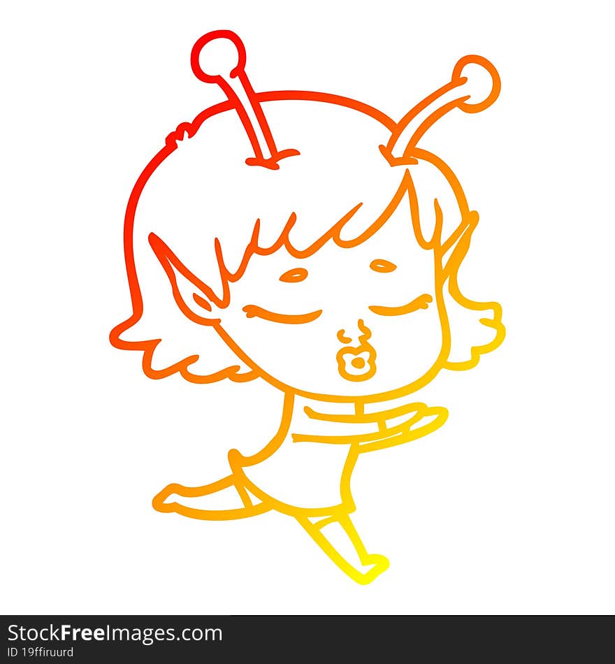 warm gradient line drawing of a cartoon alien girl