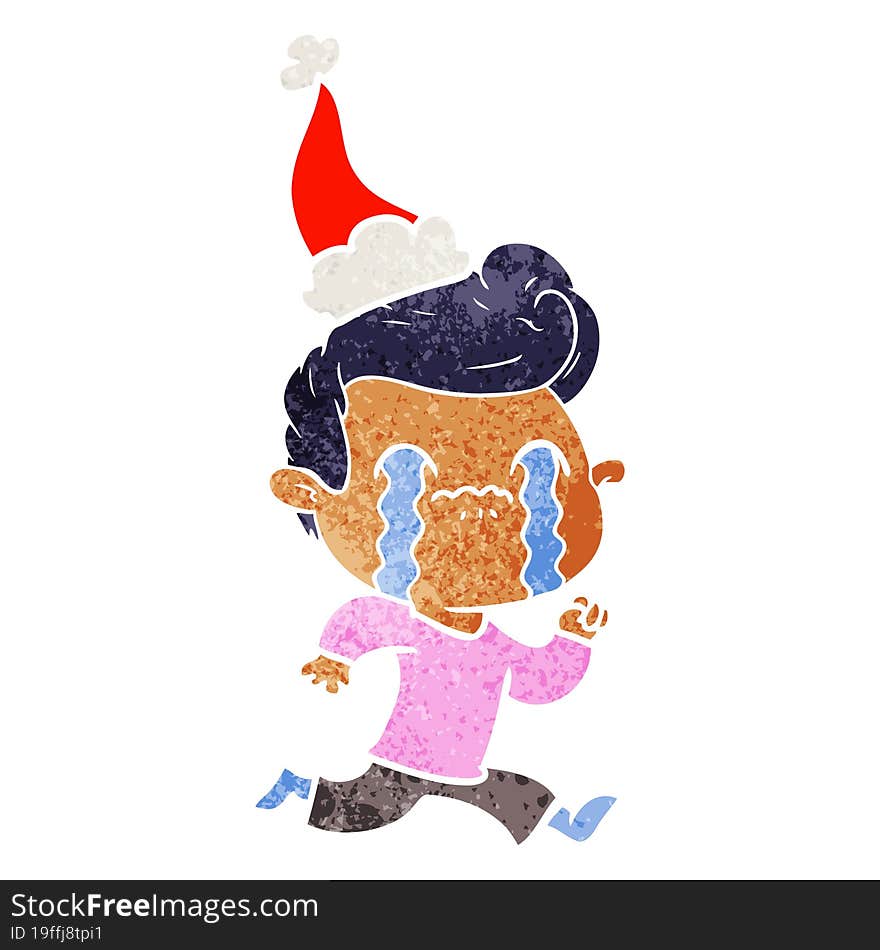 Retro Cartoon Of A Man Crying Wearing Santa Hat