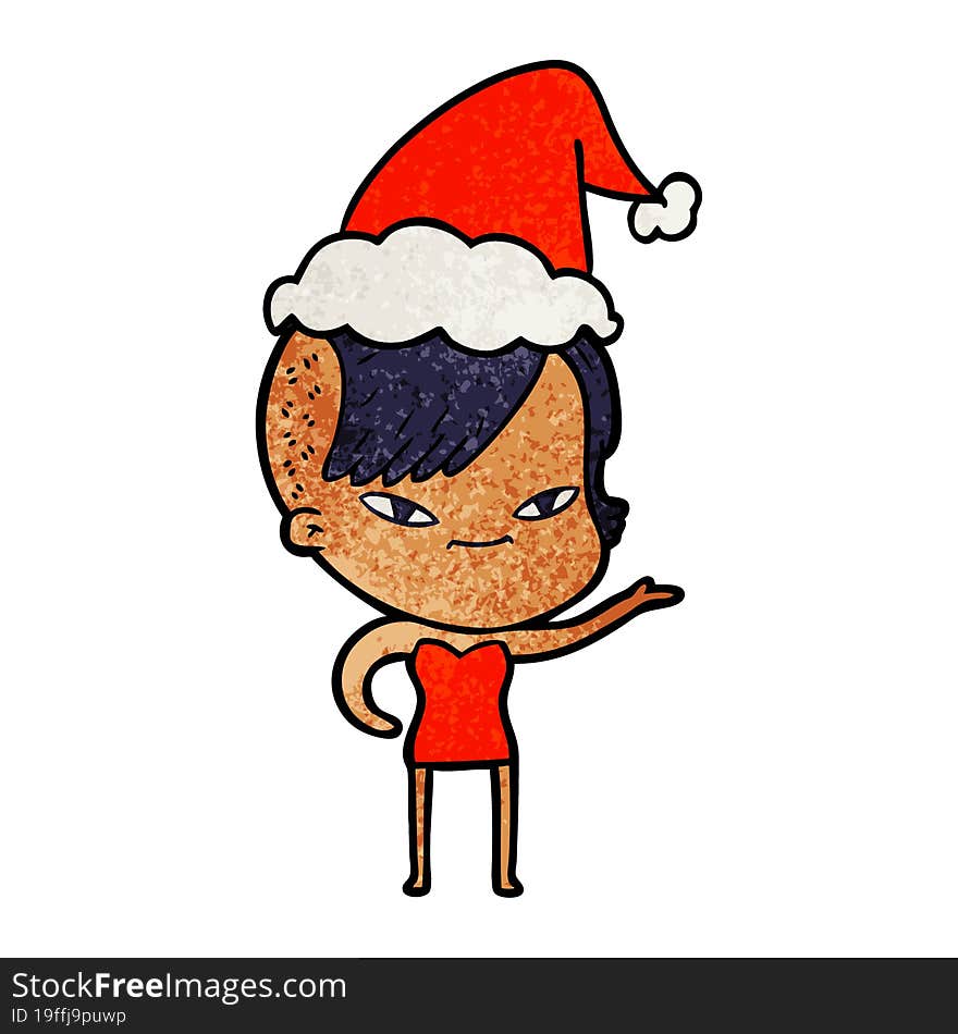 Cute Textured Cartoon Of A Girl With Hipster Haircut Wearing Santa Hat