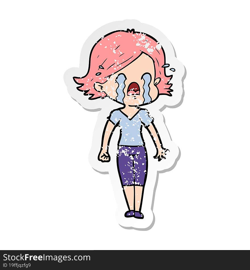 distressed sticker of a cartoon woman crying