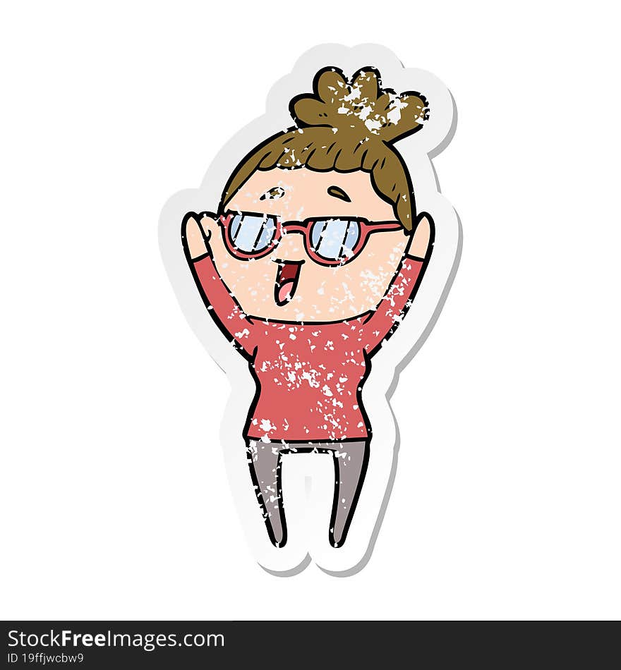 Distressed Sticker Of A Cartoon Happy Woman Wearing Spectacles