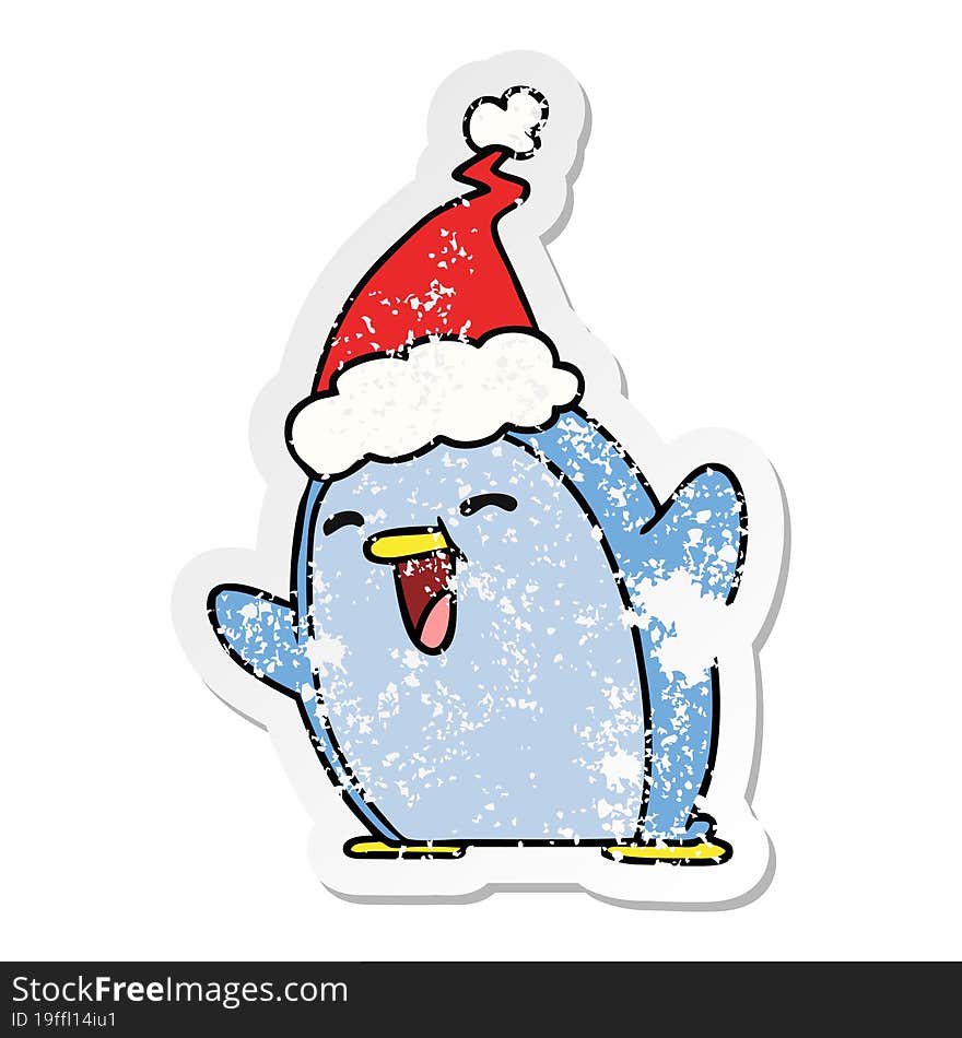 hand drawn christmas distressed sticker cartoon of kawaii penguin