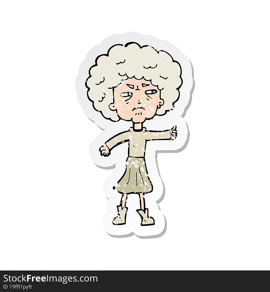 Retro Distressed Sticker Of A Cartoon Annoyed Old Woman